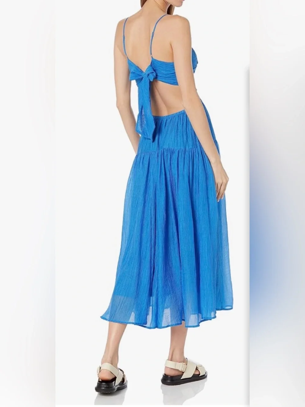 Moon River SHIRRED TIERED CUTOUT BACK TIE MIDI DRESS Size M